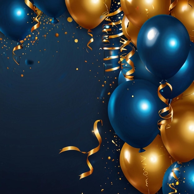 Realistic Festive background with golden and blue balloons falling confetti blurry background