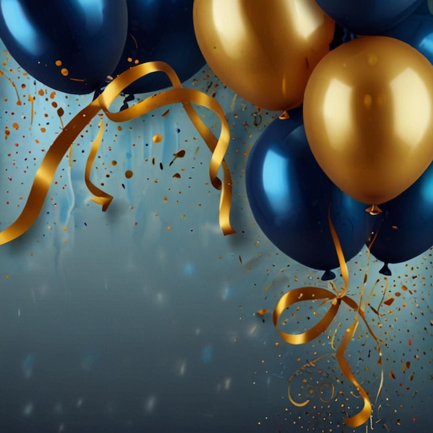 Realistic Festive background with golden and blue balloons falling confetti blurry background