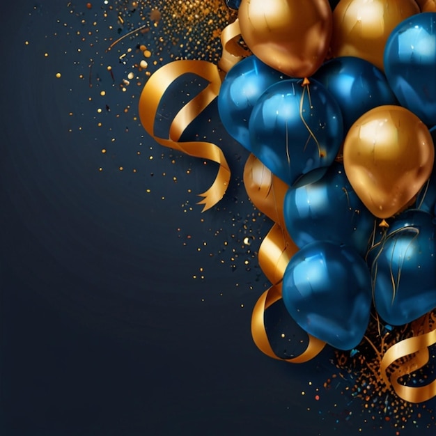 Realistic Festive background with golden and blue balloons falling confetti blurry background