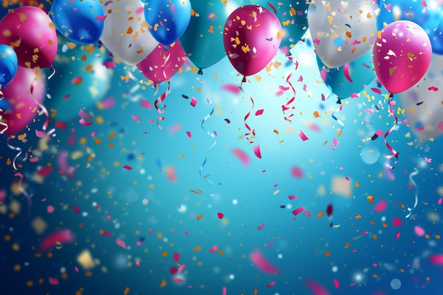 Realistic Festive background with golden and blue balloons falling confetti Celebration background with confetti and balloons AI generated