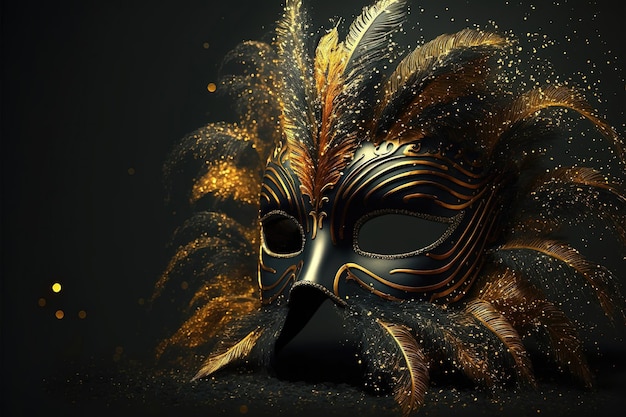 Realistic festive background with ornate masquerade carnival mask feathers sequins and confetti Ai generated