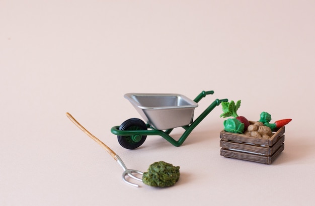 Realistic figures of farm or garden tools with box of vegetables