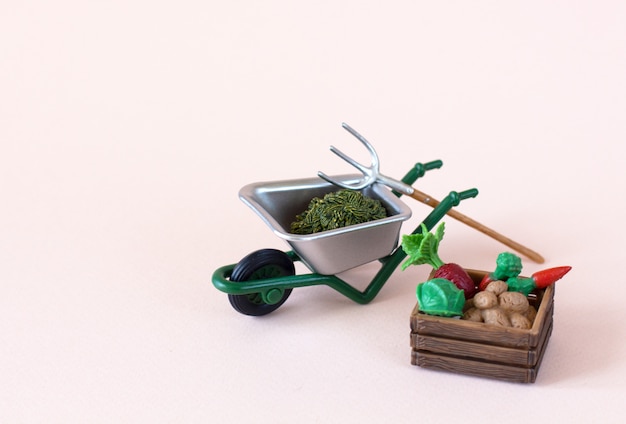 Realistic figures of farm or garden tools with box of vegetables