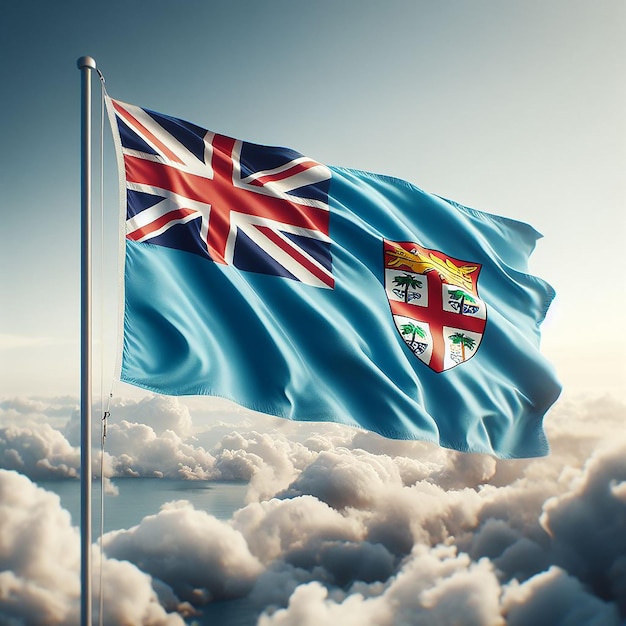 Realistic Fiji Flag on flag pole waving in the wind against white clouds