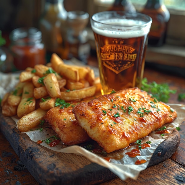 Realistic fish and chips with wooden background