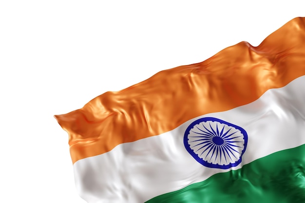 Realistic flag of India with folds isolated on white background Footer corner design element Cut out Perfect for patriotic themes or national event promotions Empty copy space 3D render