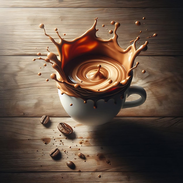 Realistic Floating Coffee Cup with Splash Against Wooden Background HighContrast Image