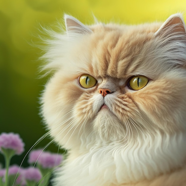 Realistic fluffy persian cat on ravishing natural outdoor background