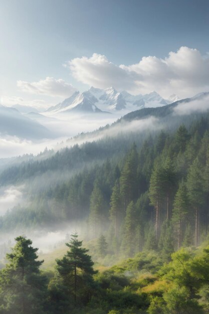 Realistic foggy mountain with pine forest