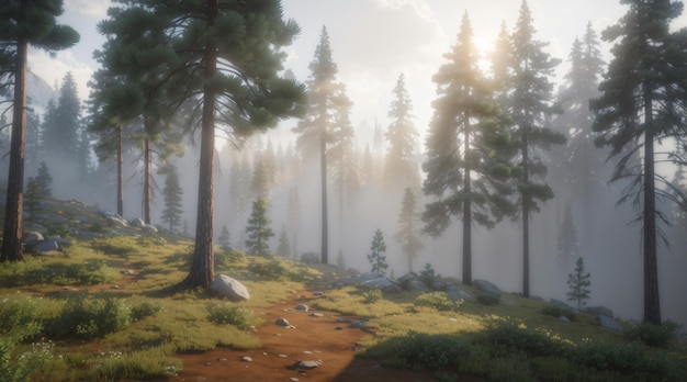 Realistic foggy mountain with pine forest