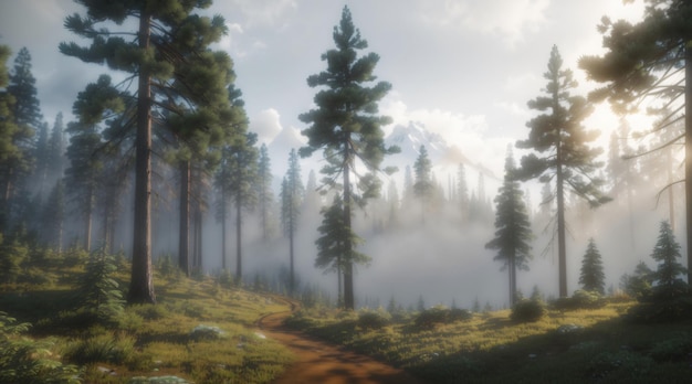 Realistic foggy mountain with pine forest