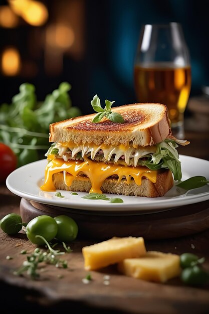 Photo a realistic food photograph featuring a grilled cheese sandwich with melted yellow cheese