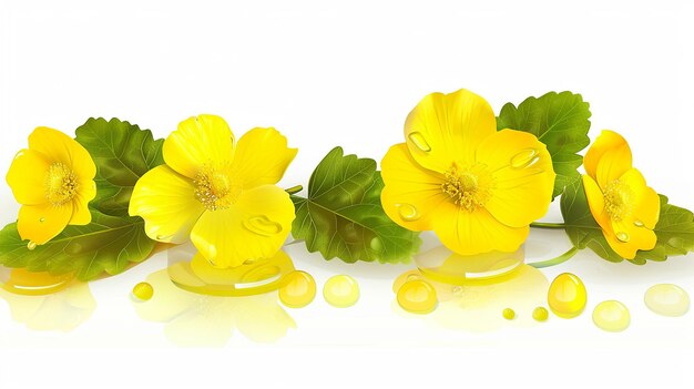 A realistic fresh bloomed Buttercup flowers with leaves