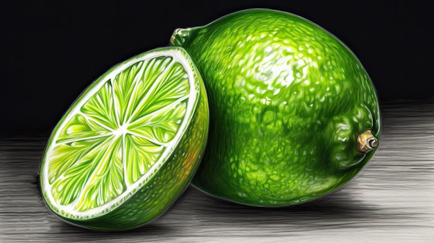 Realistic Fruit Image of One Whole Lime and Half Cut Slice on Grey Wooden Background Generative AI