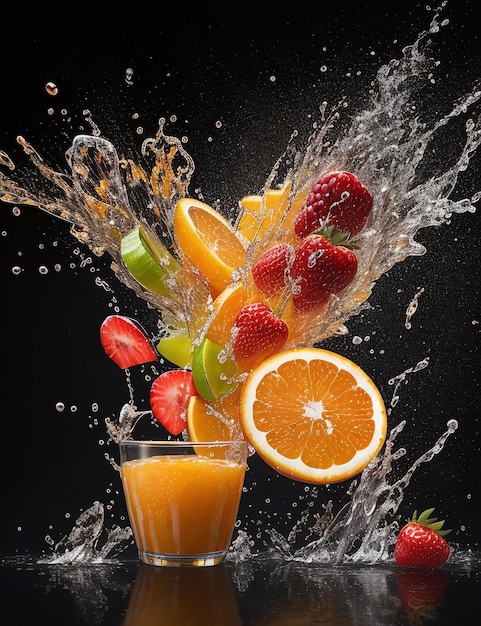 Realistic fruit juice splash burst composition with fruits on blank Black background