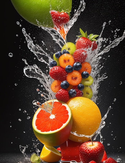 Realistic fruit juice splash burst composition with fruits on blank Black background