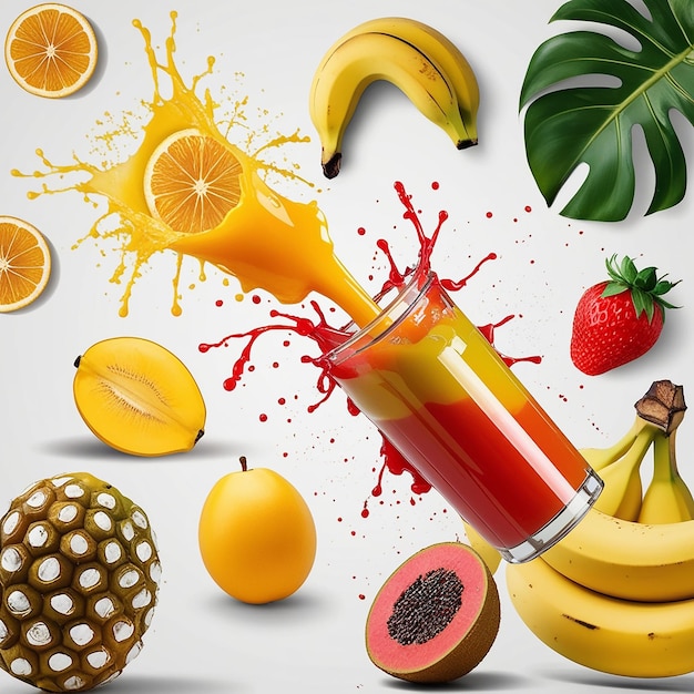 Photo realistic fruit juice splash burst composition with spray images and ripe tropical fruits on blank