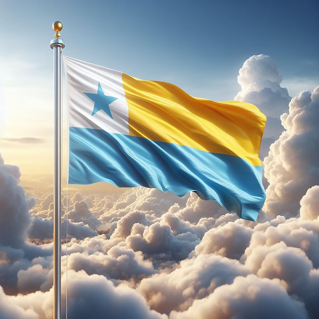 Realistic Gabon Flag on flag pole waving in the wind against white clouds