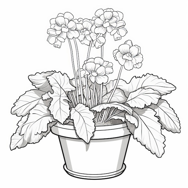 Photo realistic geranium in pot coloring page with detailed background elements