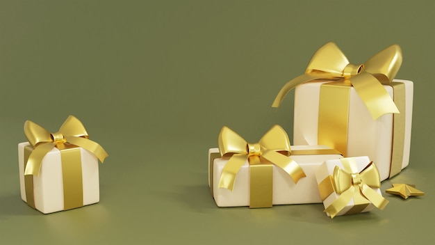 Realistic gift boxes and gold decoration 3d rendering