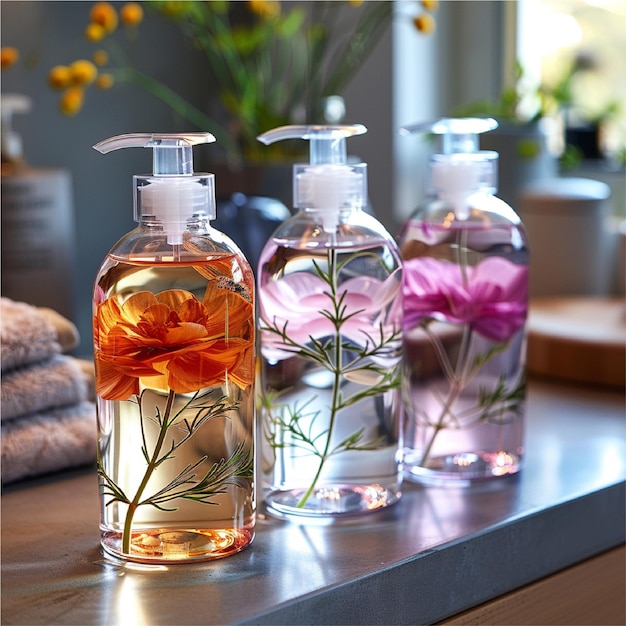 Realistic glass bottles with pump dispenser for skincare product shower gel shampoo cream