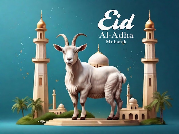 realistic a goat and a 3d mosque flat eid al adha concept