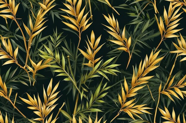 Photo realistic golden bamboo leaves pattern with tropical leaf texture design for web banner print