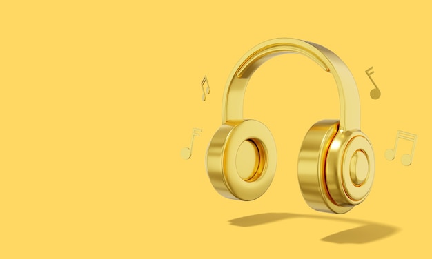 Realistic golden headphones with musical notes on yellow background with space for text 3d rendering