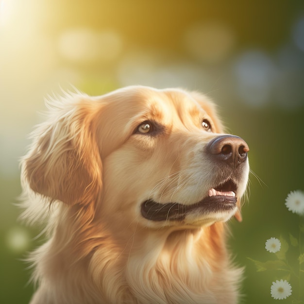 Photo realistic golden retriever dog on ravishing natural outdoor background