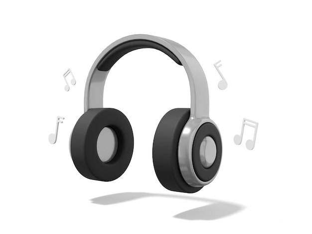 Realistic gray headphones with musical notes on white background 3d rendering