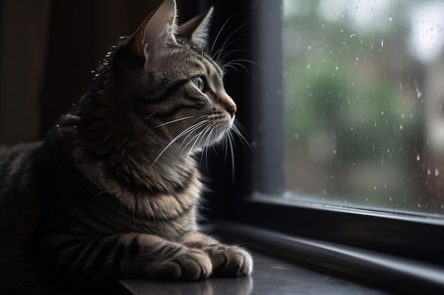 A realistic gray tabby cat sitting on a windowsill gazing out at a rainy day paws tucked in fur