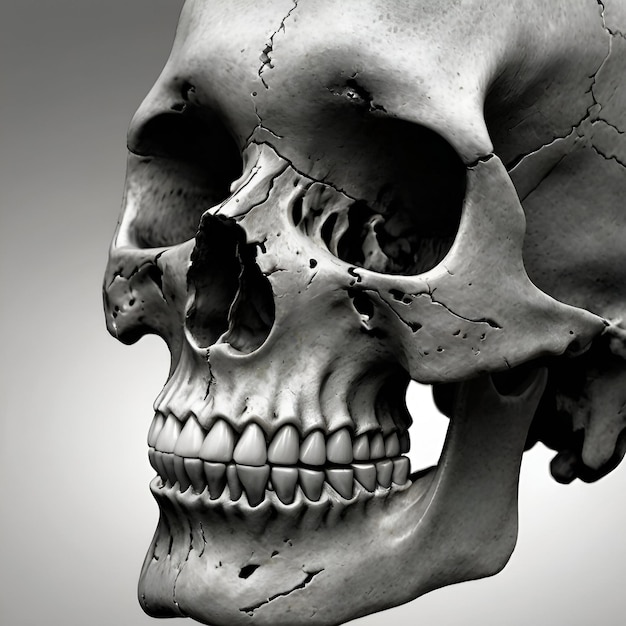 Realistic Grayscale Skull Illustration Detailed ThreeQuarter View with Prominent Textures