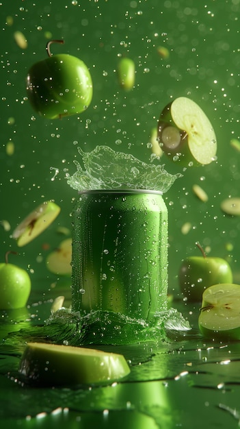 Realistic green aluminum can with water splash drops and falling apple pieces