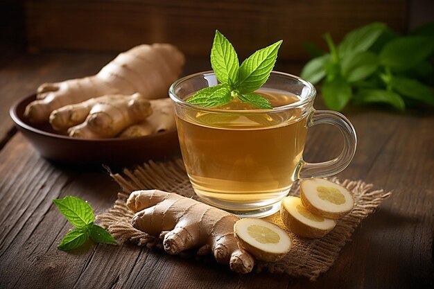 Realistic green tea in a glass cup with fresh green leaves liquid flow with leaf of tea