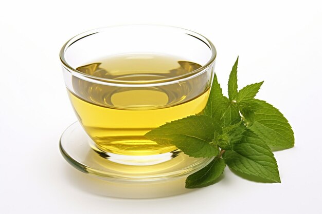 Realistic green tea in a glass cup with fresh green leaves liquid flow with leaf of tea