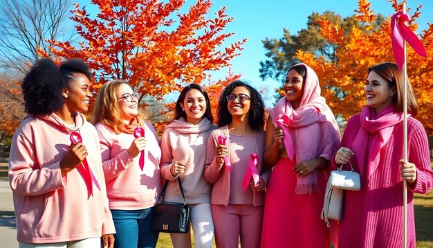 Photo realistic group of diverse women in pink clothing holding ribbons in autumn park