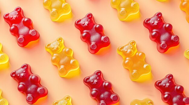 Photo realistic gummy bears apart from each other photo pattern flat color background