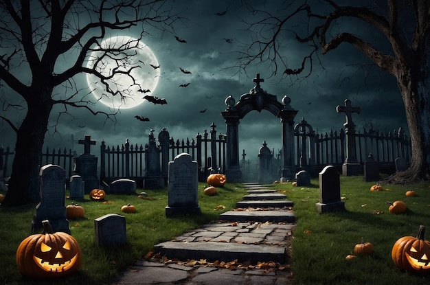 Photo realistic halloween background with cemetery