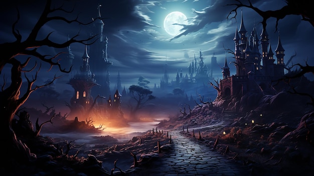 Realistic halloween background with creepy landscape of night sky fantasy forest in moonlight vector