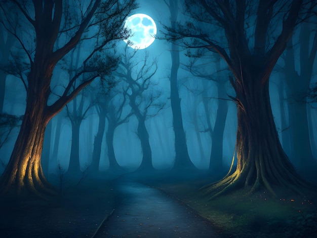 Realistic halloween background with creepy landscape of night sky fantasy forest in moonlight