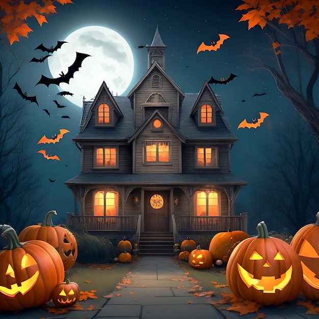 Realistic Halloween background with a scary house and pumpkins illustration Leonardo Ai