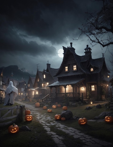 Realistic Halloween village environment in scary night 10