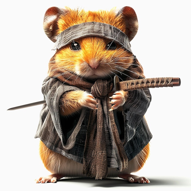 Realistic hamster ninja on white background 3D Hamster assassin cartoon