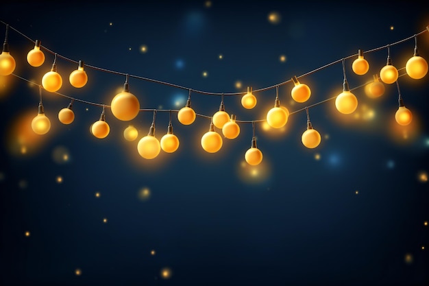 Photo realistic hanging christmas lights garlands on dark blue background with effect bokeh