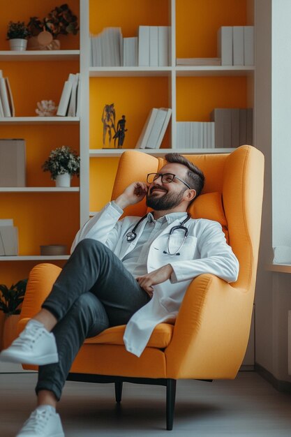 a realistic happy psicologist on his light orange and white office waiting for his next patient ar 2