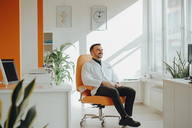 a realistic happy psicologist on his light orange and white office waiting for his next patient ar 3