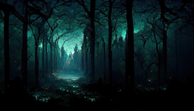 Realistic haunted forest creepy landscape at night Fantasy Halloween forest background Digital art