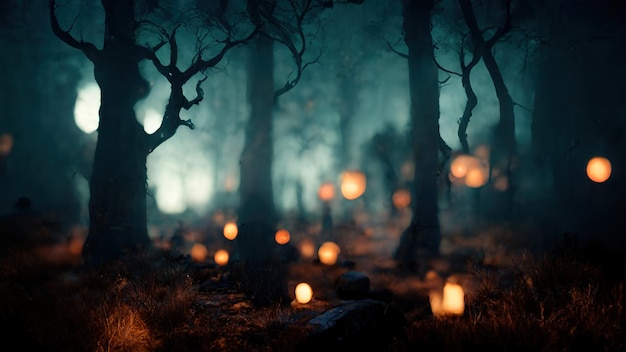 Realistic haunted forest creepy landscape at night Fantasy Halloween forest background Digital art