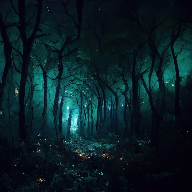 Realistic haunted forest creepy landscape at night Fantasy Halloween forest background Digital art