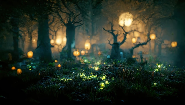 Realistic haunted forest creepy landscape at night Fantasy Halloween forest background Digital art